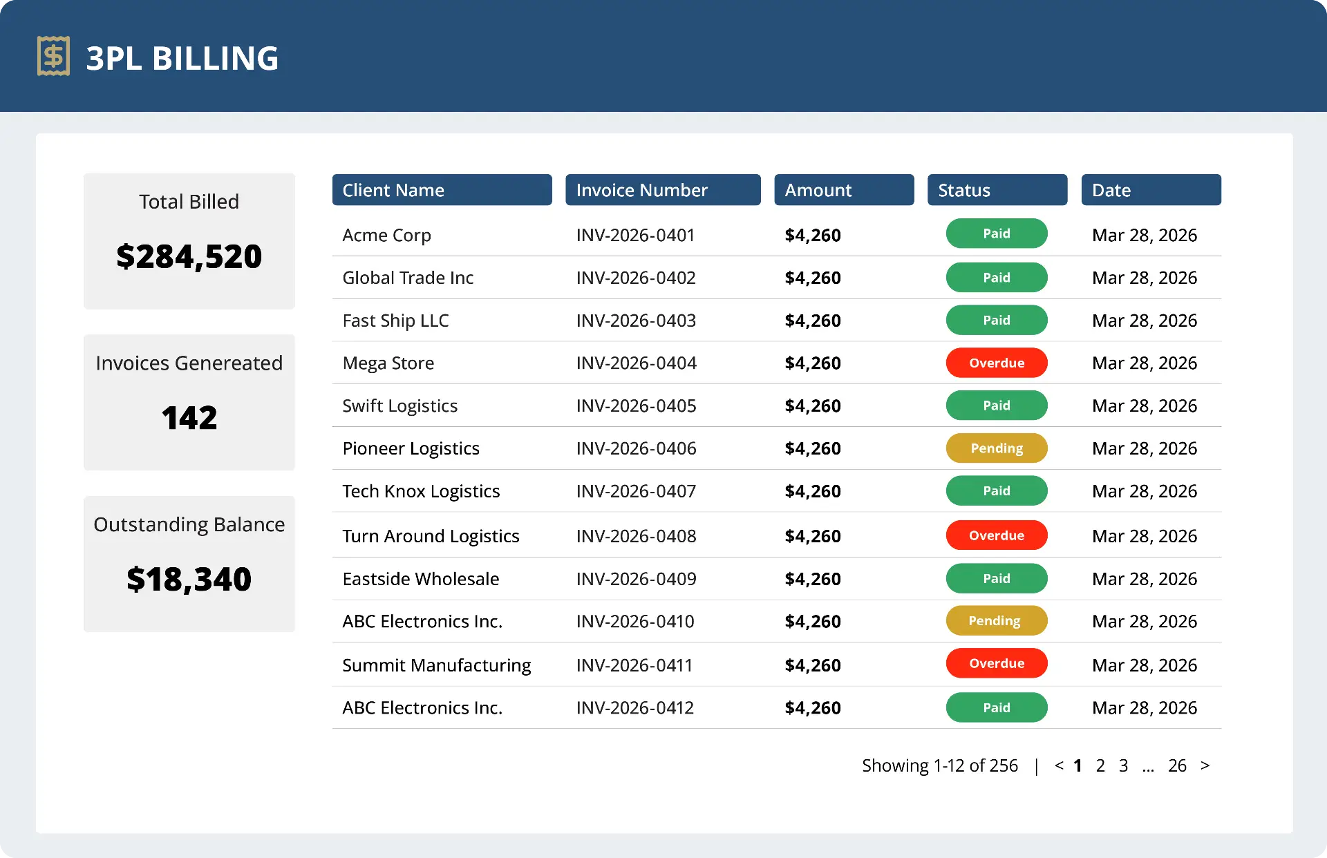 3PL BILLING platform interface showing dashboard and key features